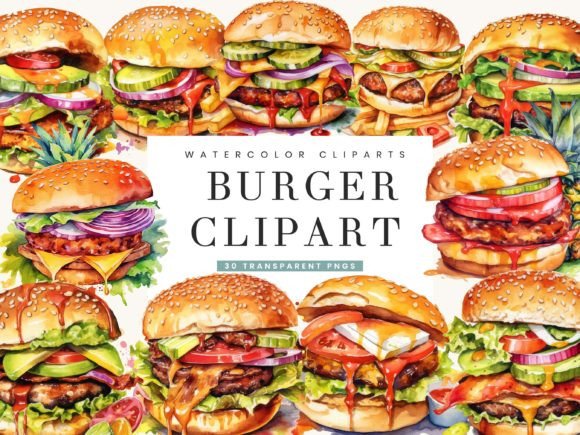 Download Watercolor Burger Clipart Bundle - Burger clipart Collection