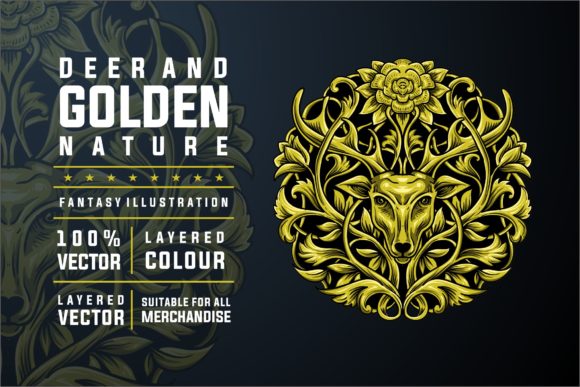 Download DEER and GOLDEN NATURE ILLUSTRATION - Nature illustration Collection