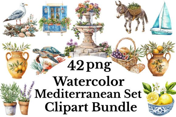 Download Mediterranean Clipart Watercolor Set - Mediterranean clipart Collection