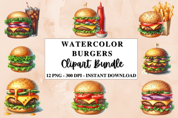 Download Watercolor Burger Clipart Bundle - Burger clipart Collection